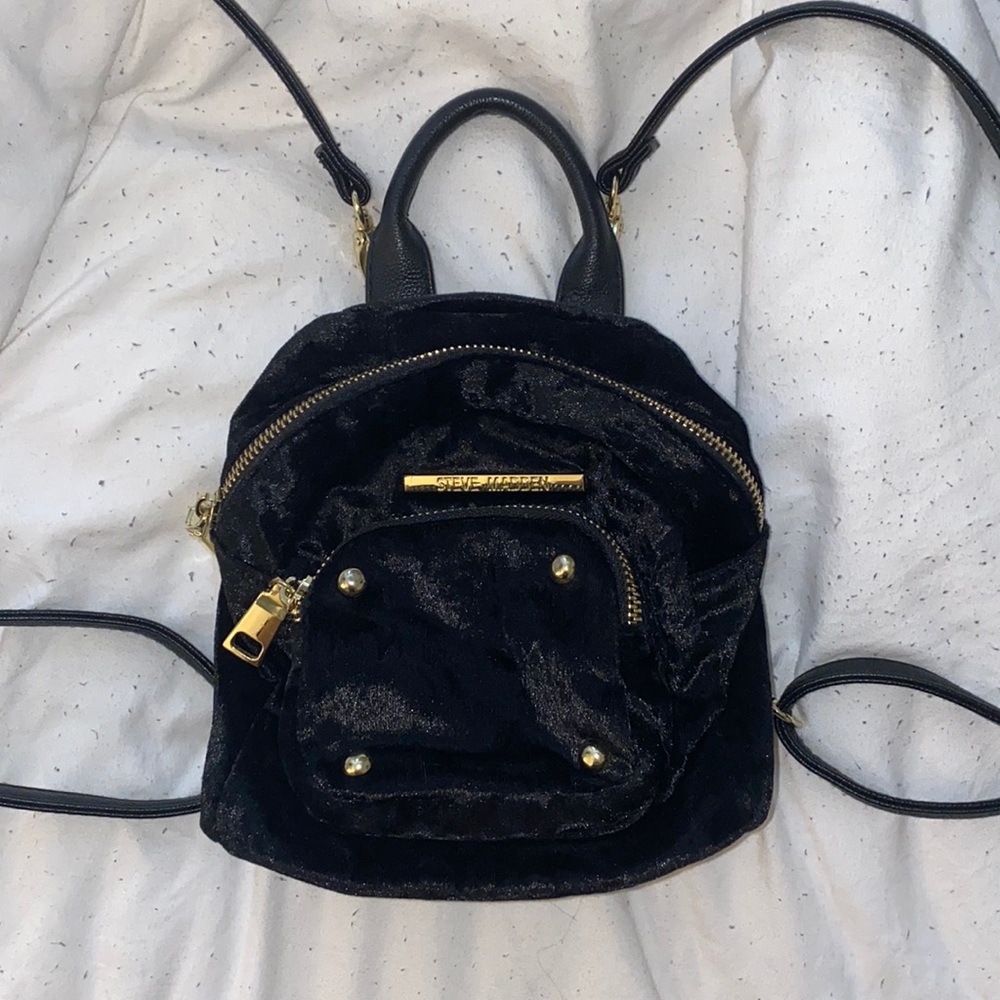Black and gold velvet Steve Madden mini backpack